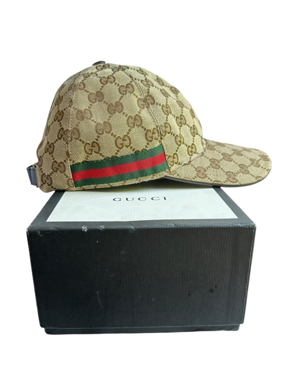 Gucci GG Beige Canvas Baseball Cap Green Red Stripes Leather Trim Size Small